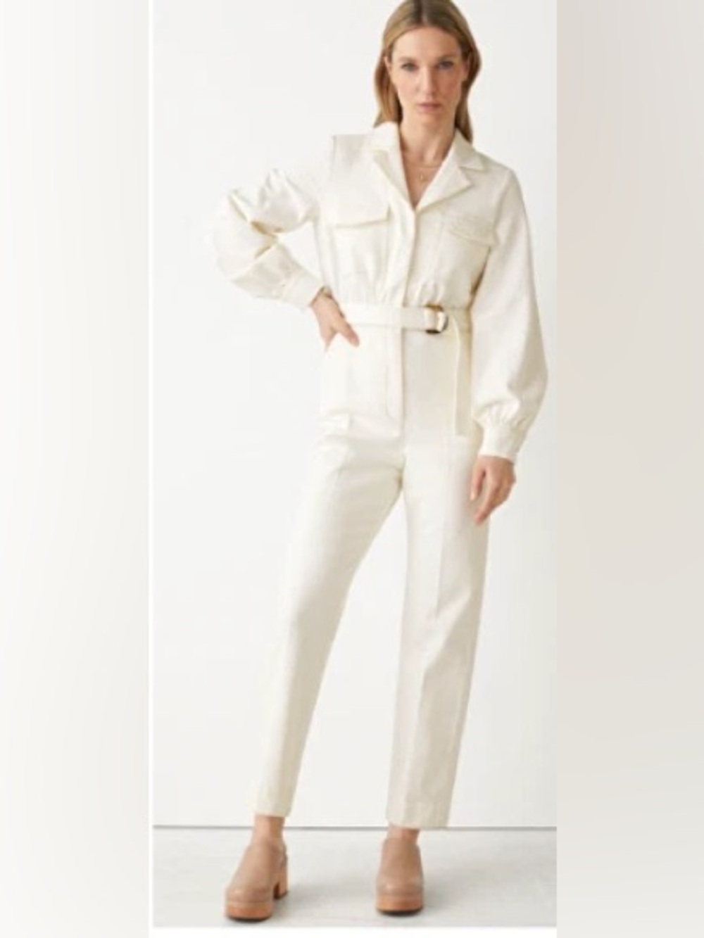 & Other Stories Cream Long-Sleeve Belted Jumpsuit